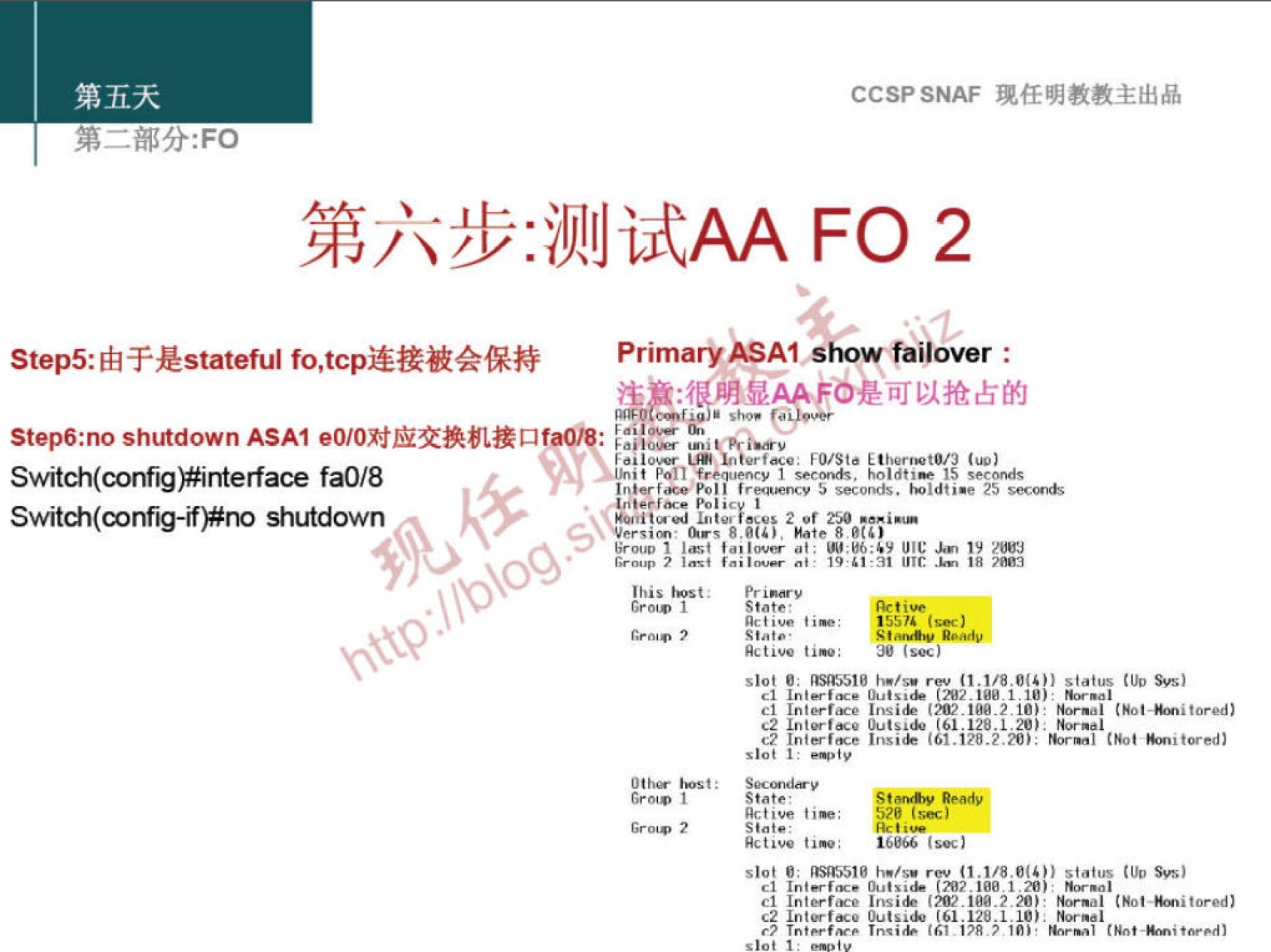 第 五 天 
第 一 部 分 ： FO 
CCSP SNAF 现 任 明 教 教 主 出 品 
第 六 步 ： 测 试 AA FO 2 
step5: 由 于 是 statefulfo,tcp 连 接 被 会 保 持 PrimaryASAlshowfailover 
飞 # 牟 0 是 可 以 抢 占 的 
Step6 ： noshutdownASA1 eo / 0 对 应 交 换 机 接 口 f ： 
S 、 （ con 冲 耐 e f / 8 
S t （ con 者 shutdown 
0d0 “ r 廴 傭 下 的 0 [ t' ' “ t 也 《 1 
Poll fr 1 ” h00 朽 - 巧 
\wer•im ， ` 燾 旨 ． 咀 0 
@0《耖 1 1 t 0 以 ． ' ． 跹 、 ， JIG 0 1 ， 的 
0 师 1 
巫 t ` 讕 以 》 
《 1 0 闥 于 ' ． 到 0 卜 娇 i ， ； 
€2 五 以 “ 0 《 《 0.128.1, 了 “ · ， 》 
1 和 04 0 》 0 还 1.1 ． 湖 ； ． 引 00 俨 
1.12 正 了 
T 衲 艹 艹 。 丨 n 以 《 0 0 寫 爳 1m ， ． ， 、 1 0 “ 以 〕 