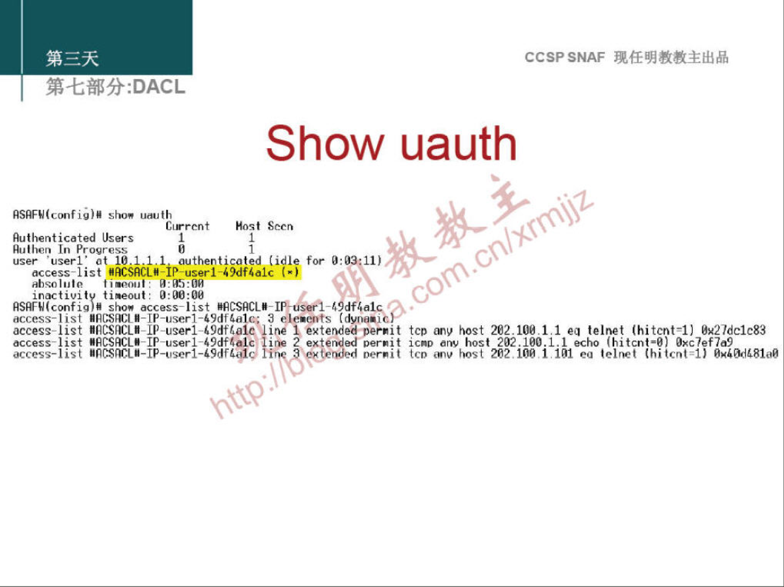 CCSPSNAF 
: DACL 
Show uauth 
Cig-rent Hos t Sec n 
Authenticated Users 
In Progress 
user 'user-I: e t 10.1.1. I authenticated for O: 11) 
inutivity ti•eout: 
sho• access-list . 
00 
co 
acces:-list NIACSWLI-LP-ueerl-K9dfr,alc'line eutetbdéd penit tep host 202_100 1.1 ea telnet (hi tent—I) gu27dc1c83 
access-list NfCSCCL• line 2 extevu'ed per•it icep anv host 202.100.1.1 echo (hitcnt—O) Oxc7efla9 
access-list 
ruled permit tco hyost 202 109 1 1M eo thi O*'W181aØ 