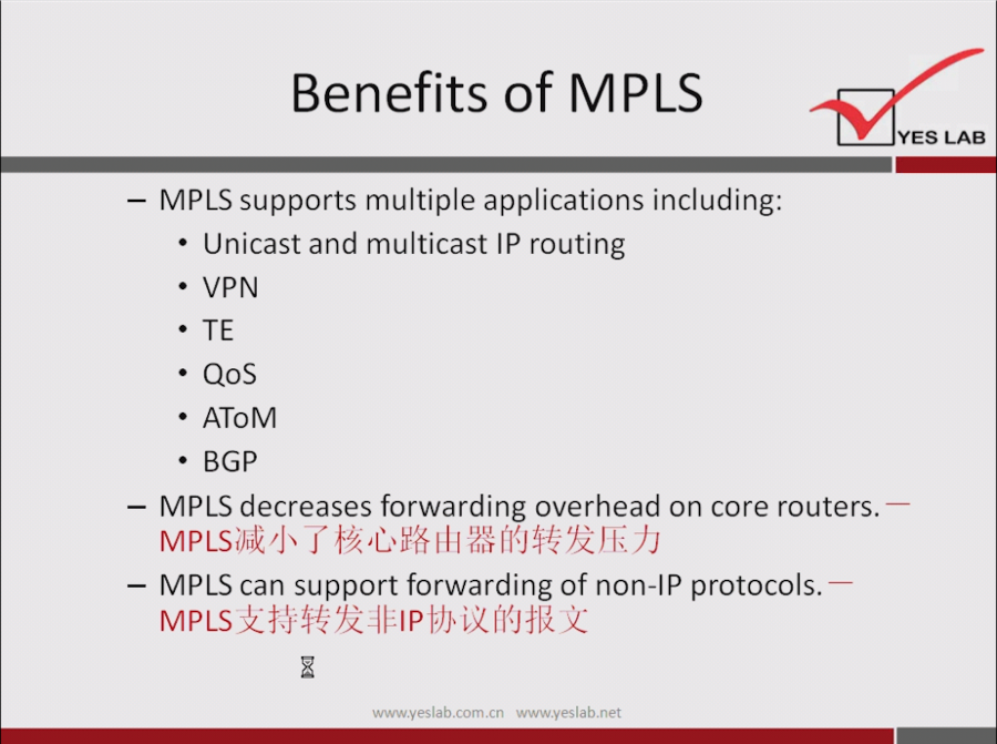 Benefits of MPLS 
YES LAB 
— MPLS supports multiple applications including: 
• Unicast and multicast IP routing 
• VPN 
• QoS 
• AT0M 
• BGP 
— MPLS decreases forwarding overhead on core routers. — 
— MPLS can support forwarding of non-IP protocols. — 