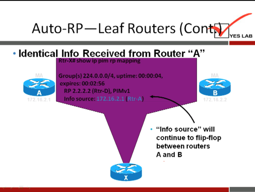 Auto-RP—Leaf Routers (Cont"B 
• Identical Info Received from Router "A" 
roup(s) 224.0.0.0/4, uptime: 
xpires: 
RP 2.2.2.2 (Rtr-D), PIMv1 
172.16.2.1 Rtr-A 
o source: 
"Info source" will 
continue to flip-flop 
between routers 
A and B 