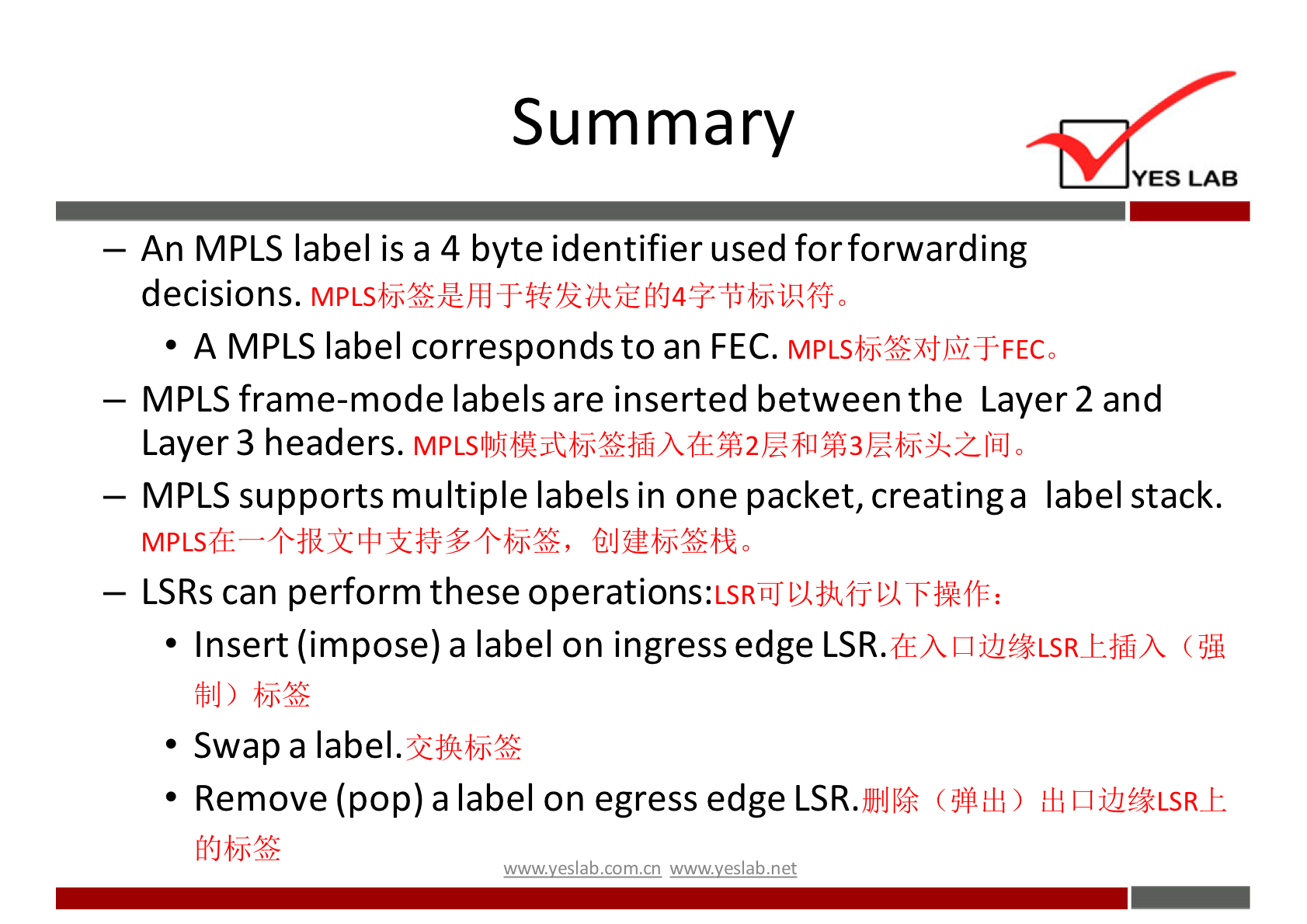 Summary YES LAB — An MPLS label is a 4 byte identifier used for forwarding decisions. • A MPLS label corresponds to an FEC. MPLSbj*XjßiTFEC0 — MPLS frame-mode labels are inserted between the Layer 2 and Layer 3 headers. — MPLS supports multiple labels in one packet, creatinga label stack. — LSRs can perform these operations:ßRiiTPIfkfiPIFikfr: • Insert (impose) a label on ingress edge LSR. frlJ) • Swap a • Remove (pop) a label on egress edge LSR. w.w.v.yeslab.com.cn 