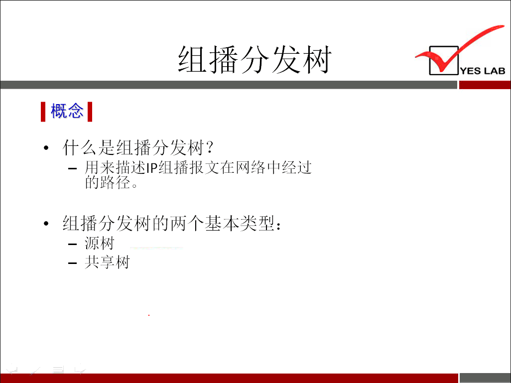 YES LAB · 什 么 是 组 播 分 发 树 ？ 一 用 来 描 述 甲 组 播 报 文 在 网 络 中 经 过 的 路 径 。 组 播 分 发 树 的 两 一 八 基 本 类 型 ： 一 源 树 一 共 享 树 