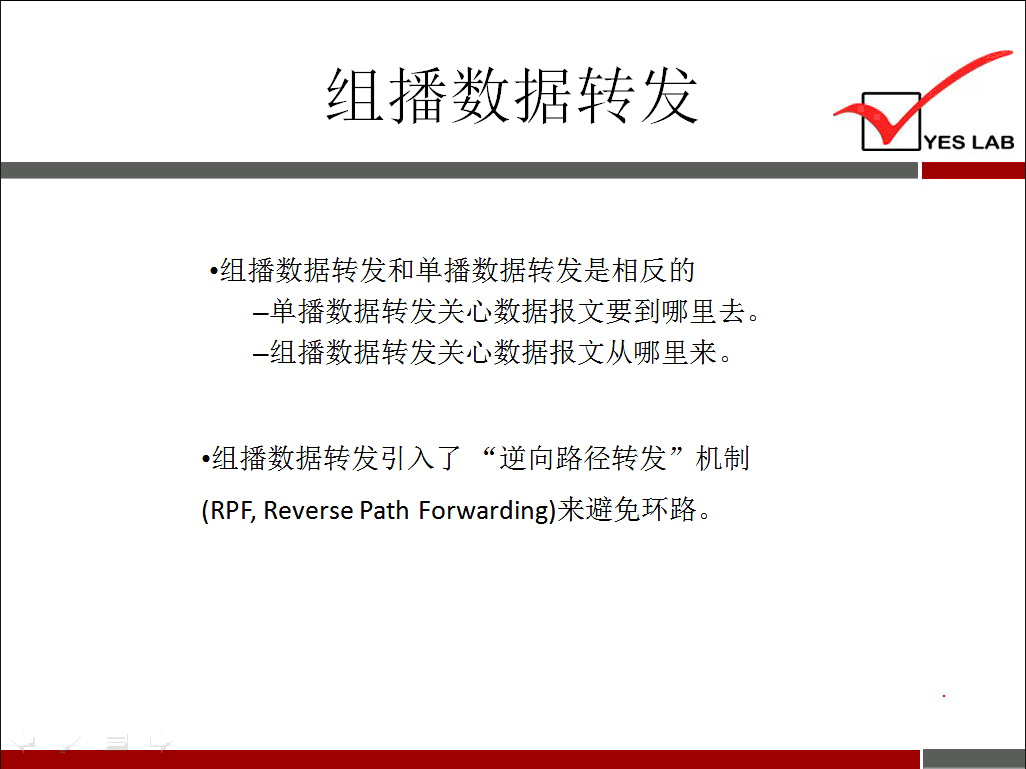 YES LAB · 组 播 数 据 转 发 和 单 播 数 据 转 发 是 相 反 的 一 单 播 数 据 转 发 关 心 数 据 报 文 要 到 哪 里 去 。 一 组 播 数 据 转 发 关 心 数 据 报 文 从 哪 里 来 。 · 组 播 数 据 转 发 引 入 了 “ 逆 向 路 径 转 发 ” 机 制 (RPF, Reverse Path Forwarding): 来 免 珂哿 各 。 