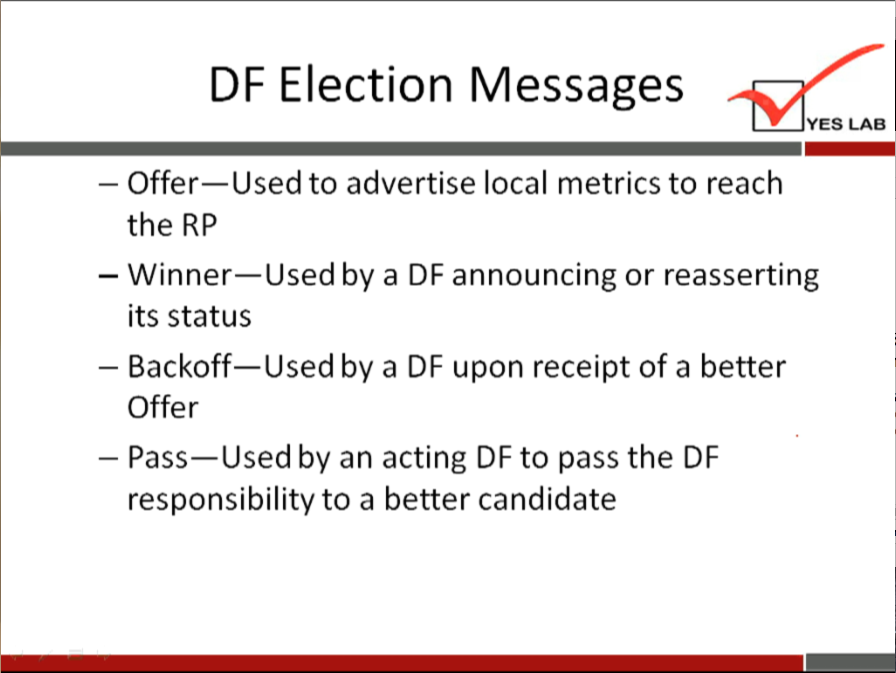 DF Election Messages 
YES LAB 
— Offer—Used to advertise local metrics to reach 
the RP 
— Winner—Used by a DF announcing or reasserting 
its status 
— Backoff—Used by a DF upon receipt of a better 
Offer 
— Pass—Used by an acting DF to pass the DF 
responsibility to a better candidate 