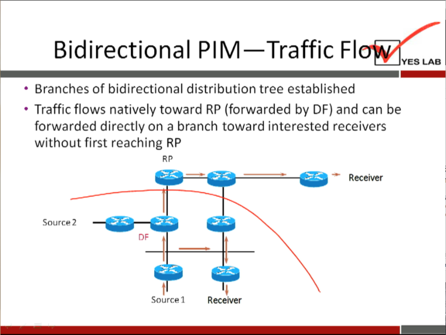 Bidirectional PIM—Traffic Fl 
YES LAB 
• Branches of bidirectional distribution tree established 
• Traffic flows natively toward RP (forwarded by DF) and can be 
forwarded directly on a branch toward interested receivers 
without first reaching RP 
Source 2 
DF 
Source 1 
Receiver 
Receiver 