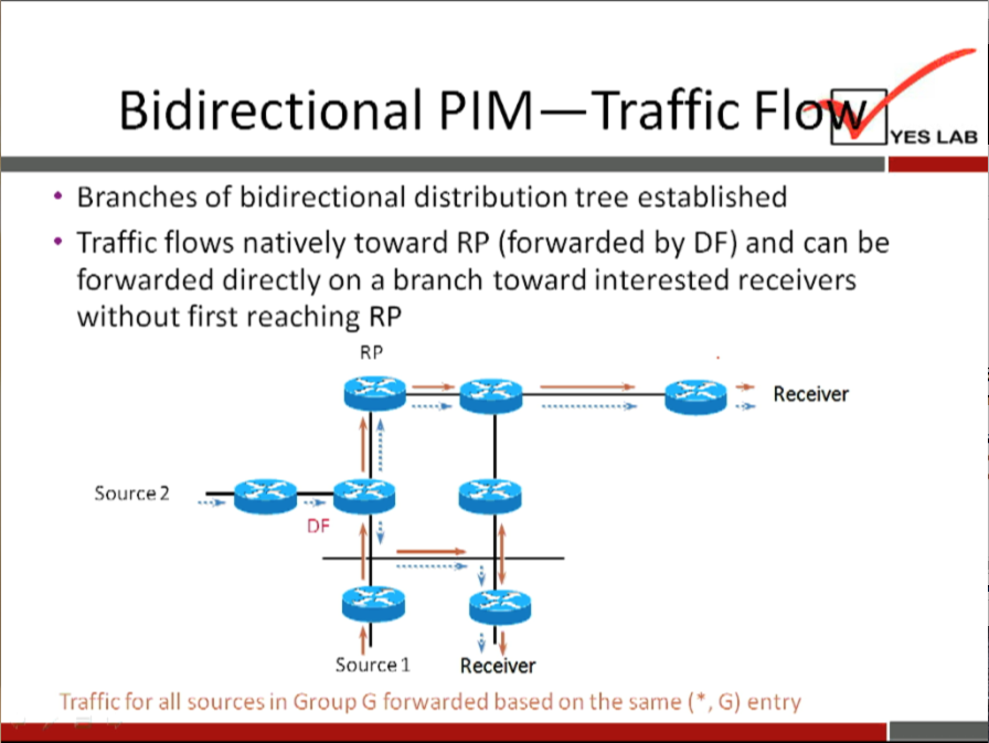 Bidirectional PIM—Traffic Fl 
YES LAB 
• Branches of bidirectional distribution tree established 
• Traffic flows natively toward RP (forwarded by DF) and can be 
forwarded directly on a branch toward interested receivers 
without first reaching RP 
Receiver 
Source 2 
DF 
Source 1 
Receiver 
Traffic for all sources in Group G forwarded based on the same ( • , G) entry 