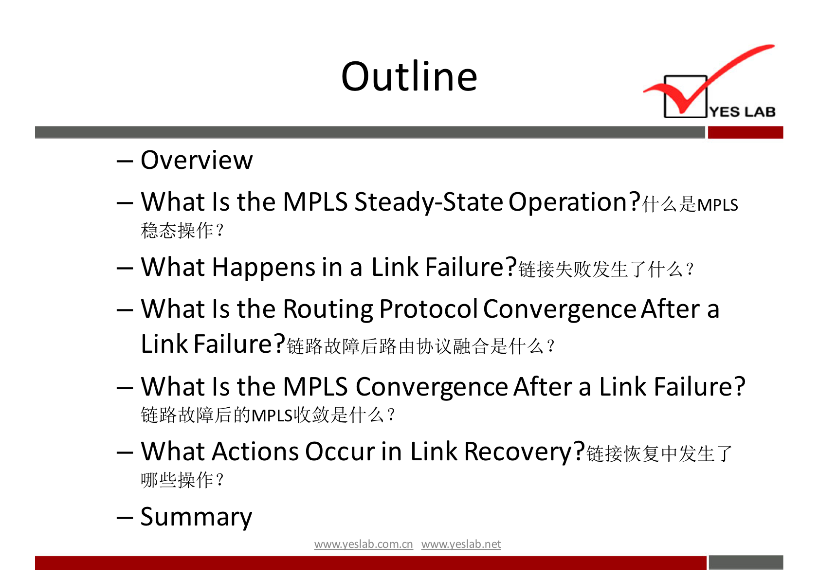 Outline 
YES LAB 
— Overview 
— What Is the MPLS Steady-State Operation? 
ffZÆMPLS 
— What Happens in a Link 
— What Is the Routing Protocol Convergence After a 
Link ? 
— What Is the MPLS Convergence After a Link Failure? 
— What Actions Occur in Link Recovery? 
— Summary 