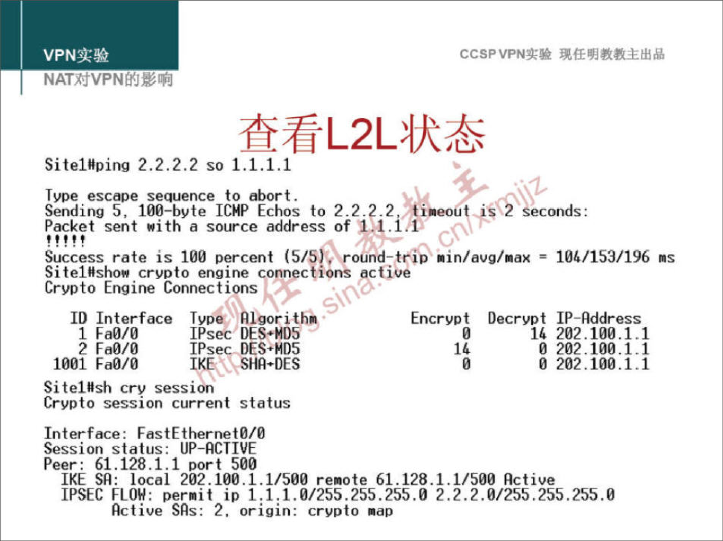 VPNæ* 
CCSPVPNN 
Site1Wping 2.2.2.2 so 1.1.1.1 
Type escape sequence to abort . 
Sending 5, 100-byte ICHP Echos to 2.2.2.2 i 
Packet sent with a source address Of 
Success rate is 100 percent (5/5/. roUnd-trib: nin/avg/nax 106/153/196 ms 
Site1Hshow crypto engine 
Vions tive 
Crypto Engine Connections 
ID Interface Typv Ålgori 
1 FaO/O 
IPsec DES.HDS 
2 Fa0/0 
IPsec DES.HD5 
1001 FdO/Ø IKE s SHA.DES 
Site1Nsh cry session 
Crypto session current status 
Interface: FastEthernetO/Ø 
Session status: UP-ACTIVE 
Peer: 61.128.1.1 port 500 
Encrypt Decrypt IP—flddress 
1' 
1' 202.100.1.1 
0 202.100.1.1 
202.100.1.1 
IKE sq: local 202.100.1.1/500 remote 61.128.1.1/500 Active 
IPSEC FLOW: permit ip 1.1.1.0/255.255.255.0 2.2.2.0/25S.2S5.2S5.ø 
Active SAS: 2, origin: crypto nap 