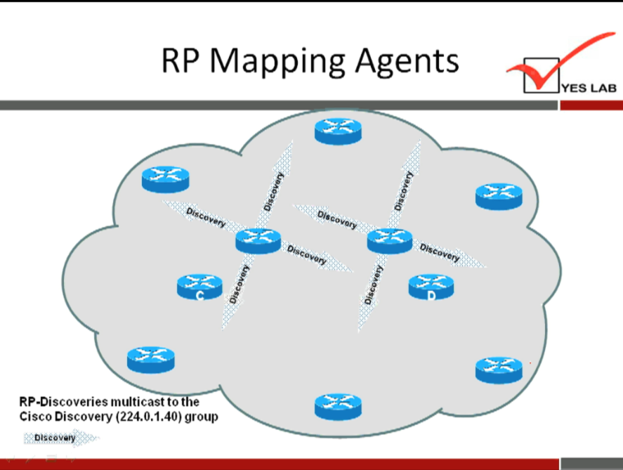 RP Mapping Agents 
RP•Discoveries multicast to e 
Cisco Discovery (224.0.1.40) group 
YES LAB 