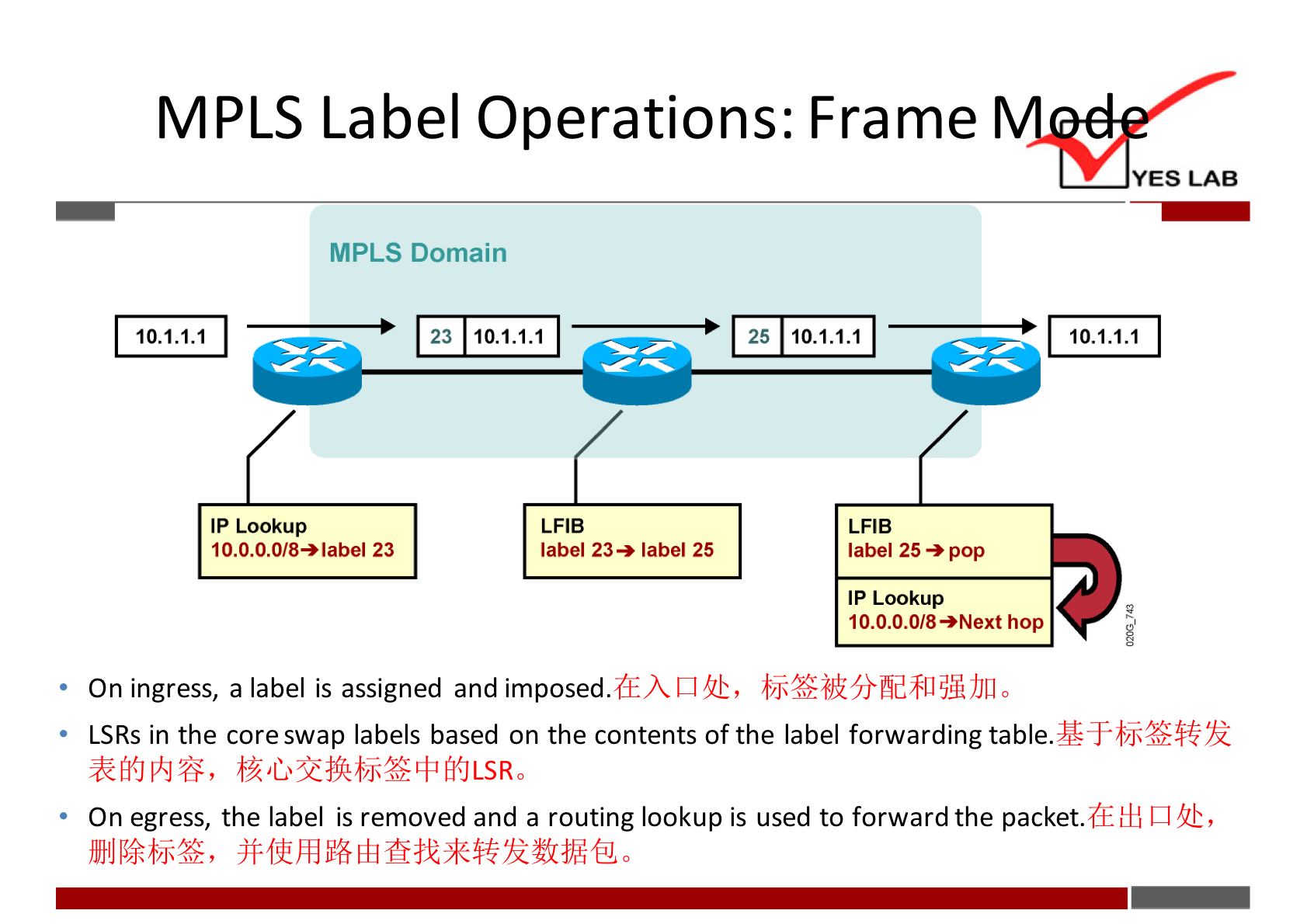 MPLS Label Operations: Frame 10.1.1.1 MPLS Domain 23 10.1.1.1 IP Lookup 10.0.0.0/8-»1abel 23 YES LAB 10.1.1.1 LAB label 23. label 25 25 10.1.1.1 LAB label 25 pop IP Lookup 10.0.O.O/8*Nexthop On ingress, a label is assigned and imposed. LSRs in the core swap labels based on the contents of the label forwarding On egress, the label is removed and a routing lookup is used to forward the packet. 