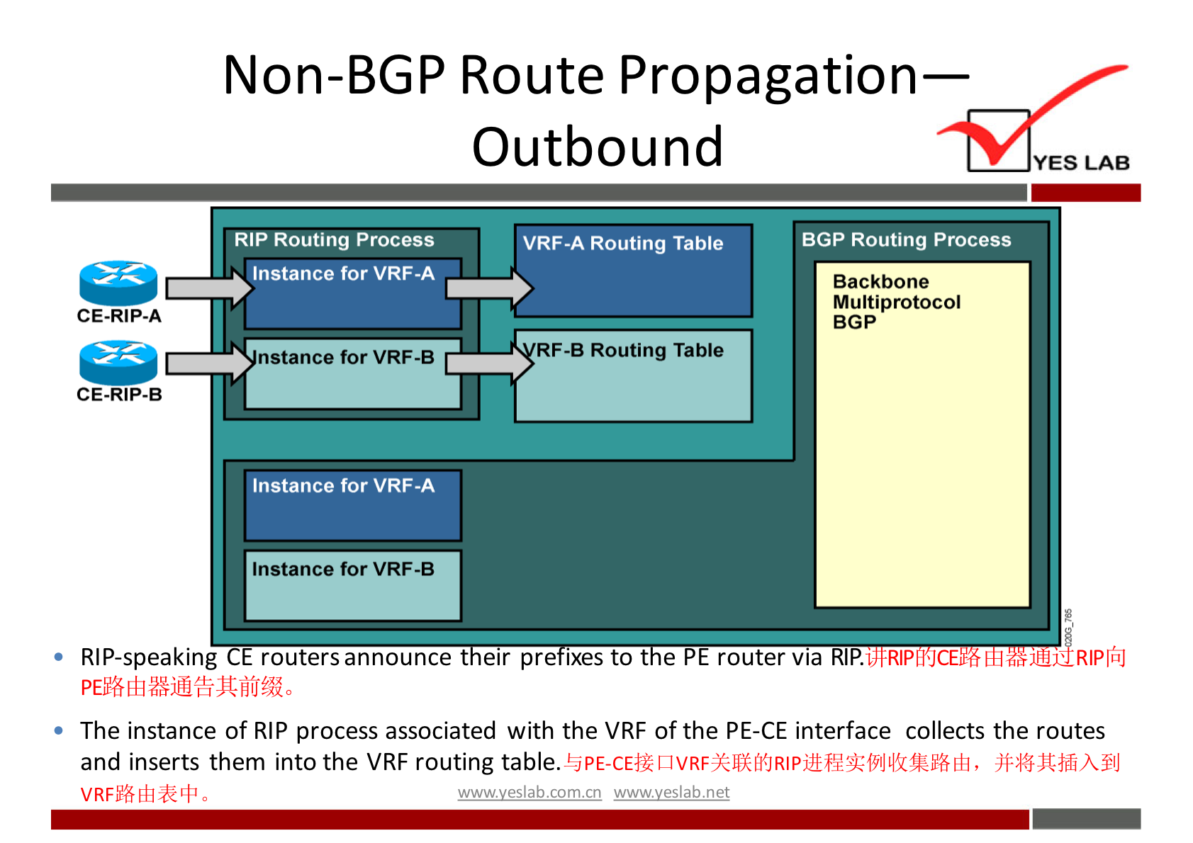 Non-BGP Route Propagation— 
Outbound 
YES LAB 
RIP Routing process 
Instance for VRF-A 
CE.RIP.A 
nstance for VRF-B 
CE-RIP-B 
Instance for VRF-A 
Instance for VRF -B 
VRF-A Routing Table 
RF-B Routing Table 
BGP Routing process 
Backbone 
Multiprotocol 
BGP 
RIP-speaking 
routers announce t elr pre IXes to t e router Vla 
-RIP d fr 
The instance Of RIP process associated with the VRF Of the PE-CE interface collects the routes 
and inserts them into the VRF routing table.EjpE-CEåZ jfal$JWA±IJ 
wwwveslabnet 