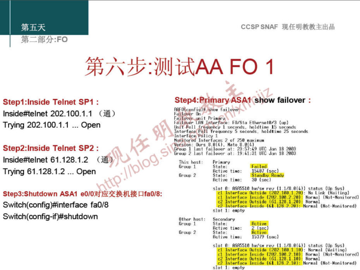 Stepl:lnside Telnet SPI : 
Inside#telnet 202.100.1.1 (iü) 
Trying 202.100.1.1 open 
Step2:lnside Telnet SP2 • 
CCSPSNAF 
•il)lIJiRAA FO 1 
Step4:Prirnary ASA1$how failover . 
f i faie 
it pri 
V 15 
5 25 
police 
Intm-f 
of 
3 Nate 
orc 
2 18 
Inside#telnet 61.128.1.2 
Trying 61.128.1.2 open 
Step3:Shutdown ASAI e0/0 2AYlEßfa0/8: 
faO/8 
Switch(config-ifFshutdown 
1 
Active tine: 
Stale; 
30 
slot e: nsA5s1e rev sys) 
cl Interface 
'2 Interface 
Inside 
Slot 
t sec) 
netive tine: 
Stale: 
t 15219 
slot e: RSA5S1e status 
'2 Interface (61.1ze.1,10 
slot I : 