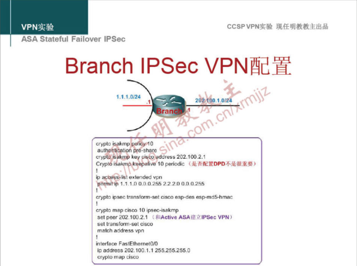 VPNN 
ASA Statetui Fallover IPSec 
CCSPVPNT* 
Branch IPSec VPNæy 
1.1.1.0,24 
10 
crypto 
authenät10h 
crypto 
Crypto 10 (k 
2220 
Crypto map 10 
setpeer202 (WActiveASAg01PSecvPN) 
set 
202. 1.1 255.255_255.0 
crypto m 4 