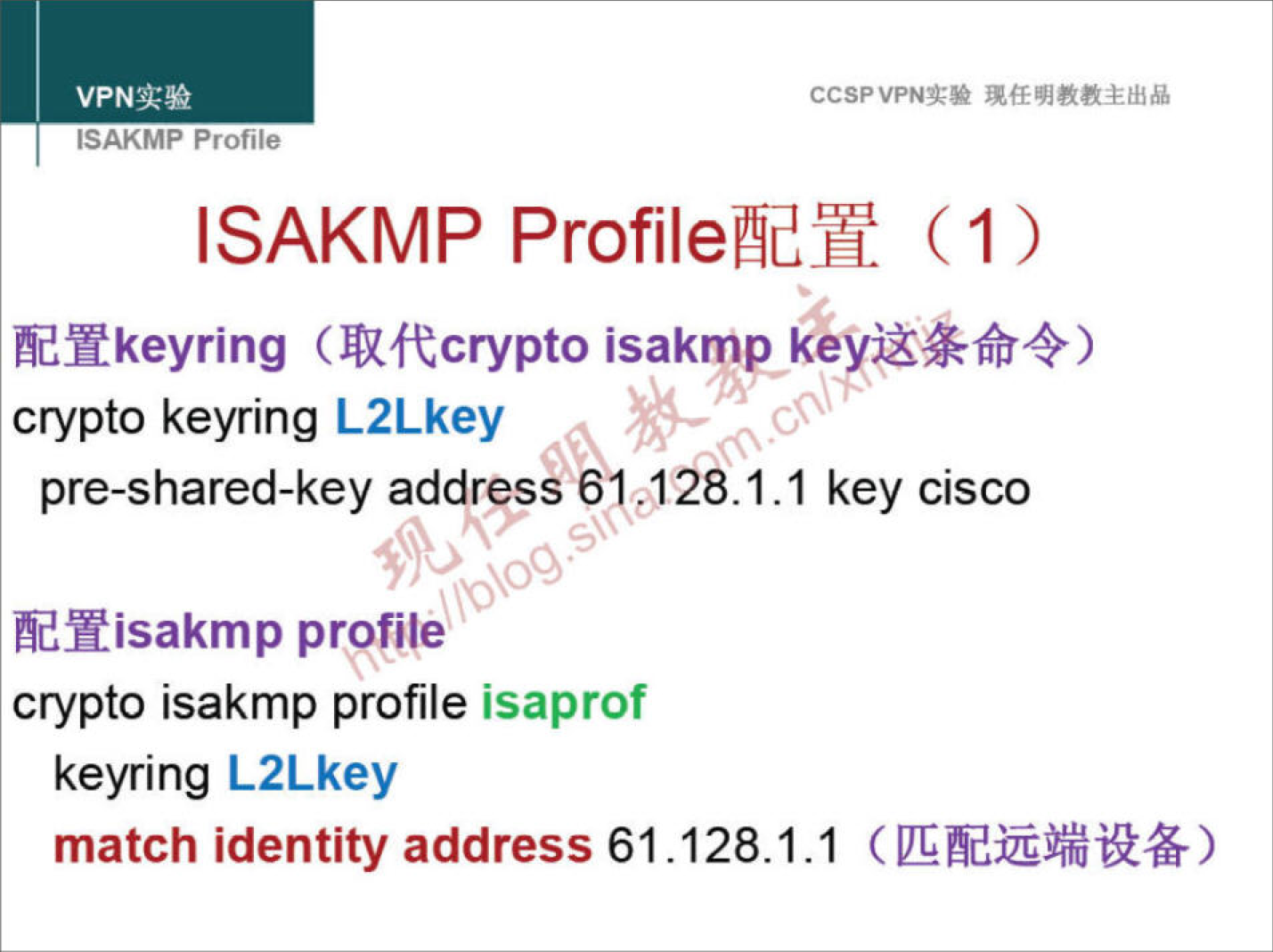 CCSPVPNN 
ISAKMP Profile 
ISAKMP (1) 
hdYkeyring isakmp 
crypto keyring L2Lkey 
pre-shared-key address 61,3 28.1.1 key cisco 
Hd%isakmp profile 
crypto isakmp profile isaprof 
keyring L2Lkey 
match identity address 61.128.1.1 