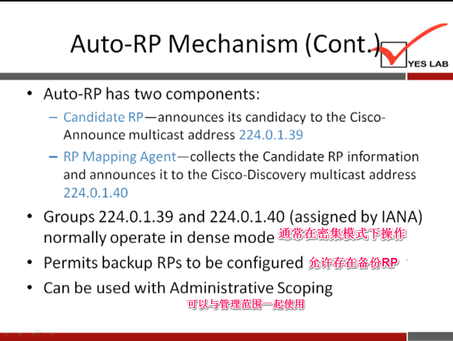 • 
• 
Auto-RP Mechanism (Cont 
YES LAB 
Auto-RP has two components: 
— Candidate RP—announces its candidacy to the Cisco- 
Announce multicast address 224.0.1.39 
— RP Mapping Agent—collects the Candidate RP information 
and announces it to the Cisco-Discovery multicast address 
224.0.1.40 
Groups 224.0.1.39 and 224.0.1.40 (assigned by IANA) 
normally operate in dense mode 
Permits backup RPs to be configured 
Can be used with Administrative Scoping 