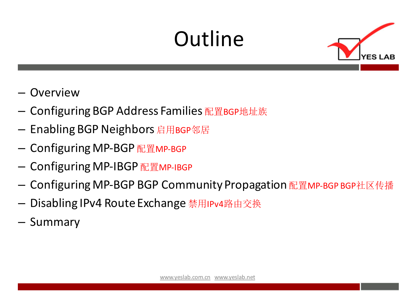 Outline 
YES LAB 
— Overview 
— Configuring BGP Address Families 
— Enabling BGP Neighbors 
- Configuring MP-BGP 
- Configuring MP-IBGP 
AdHMP-lBGP 
— Configuring MP-BGP BGP Community Propagation 
fidHMP-BGP 
— Disabling IPv4 Route Exchange 
— Summary 
wwwveslabnet 