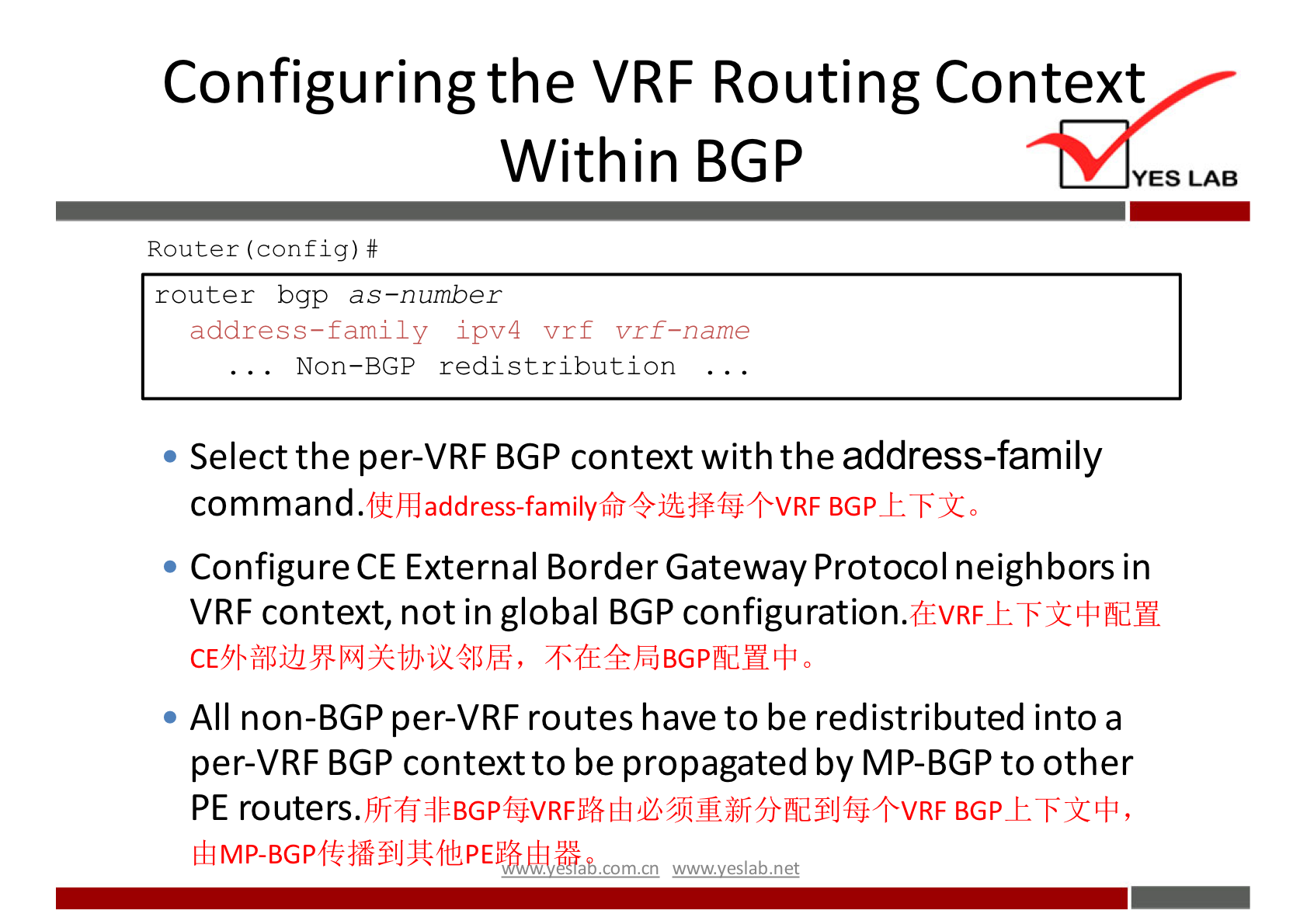 Configuring the VRF Routing Context 
Within BGP 
Router (config) # 
router bgp as—number 
address—family ipv4 vrf vrf—name 
Non—BGP redistr ibution 
YES LAB 
• Select the per-VRF BGP context with the address-family 
command. 
flihdaddress-family6fi4j&ffØ+VRF BGP± -F 0 
• Configure CE External Border Gateway Protocol neighbors in 
VRF context, not in global BGP 
• All non-BGP per-VRF routes have to be redistributed into a 
per-VRF BGP context to be propagated by MP-BGP to other 
PE routers. 
cn wwwveslabnet 