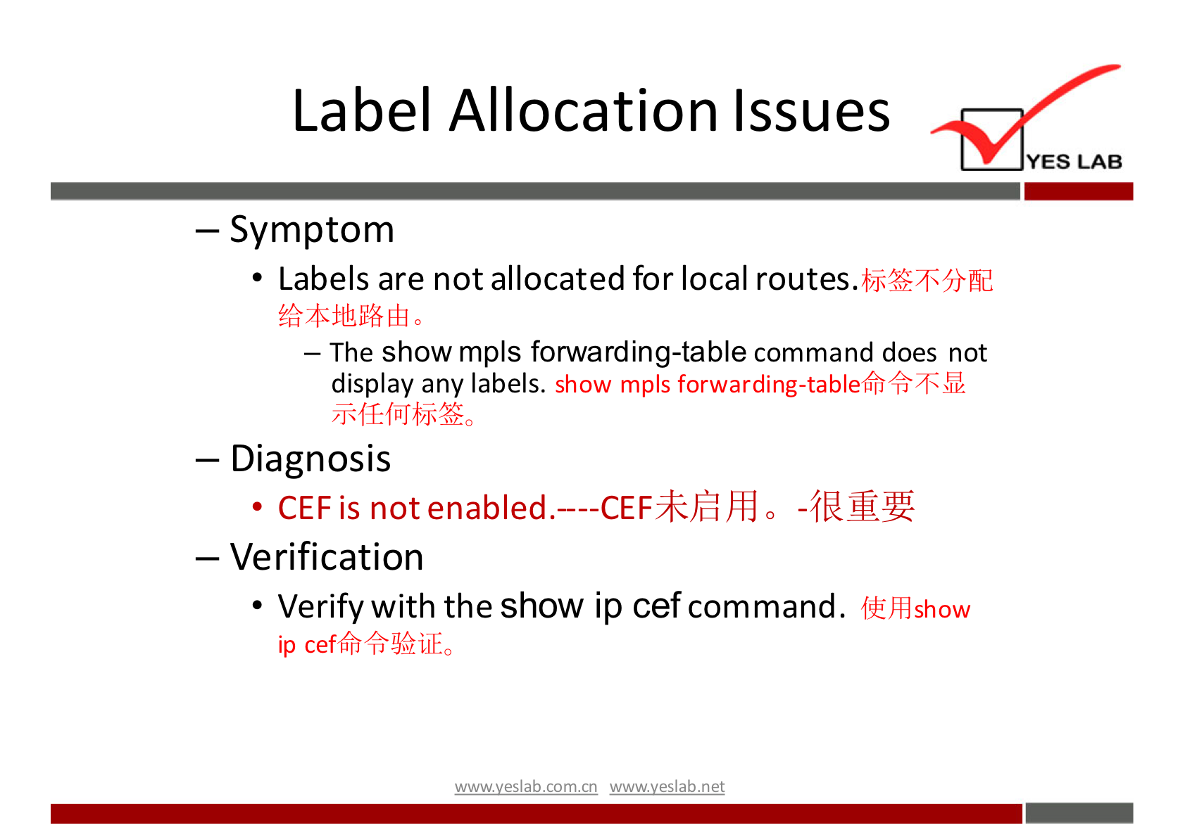 Label Allocation Issues 
YES LAB 
— Symptom 
• Labels are not allocated for local routes. 
— The show mpls forwarding-table command does not 
display any labels. show mpls forwarding-tableifiifj+>d 
— Diagnosis 
• CEF is not 
— Verification 
• Verifywith the show ip cef command. 
{Lift} show 
ip cefKfrfr!J$i1T0 
wwwveslabnet 