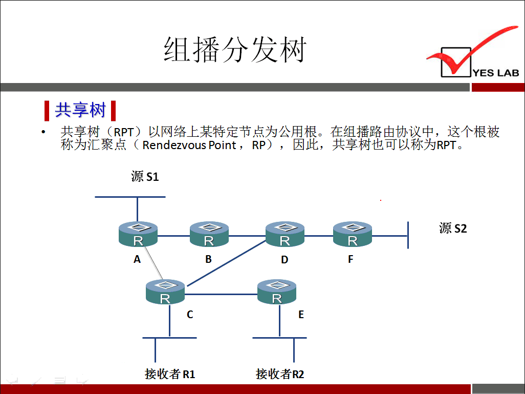 YES LAB 《 共 享 树 《 共 享 树 (RPT) 以 网 络 上 某 特 定 节 点 为 公 用 根 。 在 组 播 路 由 协 议 中 ， 这 个 根 被 称 为 汇 聚 （ Rendezvouspoint ， (P) ， 因 此 ， 共 享 树 也 可 以 称 为 RPT 。 源 S2 F 源 SI A B C 接 收 者 RI D E 接 收 者 R2 