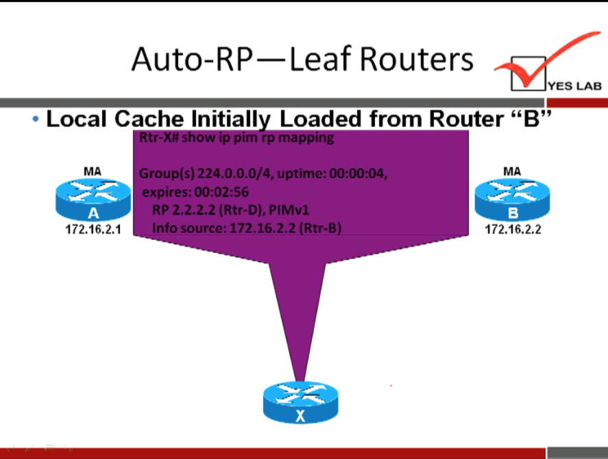 Auto-RP—Leaf Routers 
YES LAB 
Local Cache Initiall 
Loaded from Router "B" 
MA 
172.16.2.1 
roup(s) 224.0.0.0/4, uptime: 
expires: 00:02:56 
RP 2.2.2.2 (Rtr-D), PIMv1 
source:172.16.2.2 (Rtr-B) 
MA 
172.16.2.2 