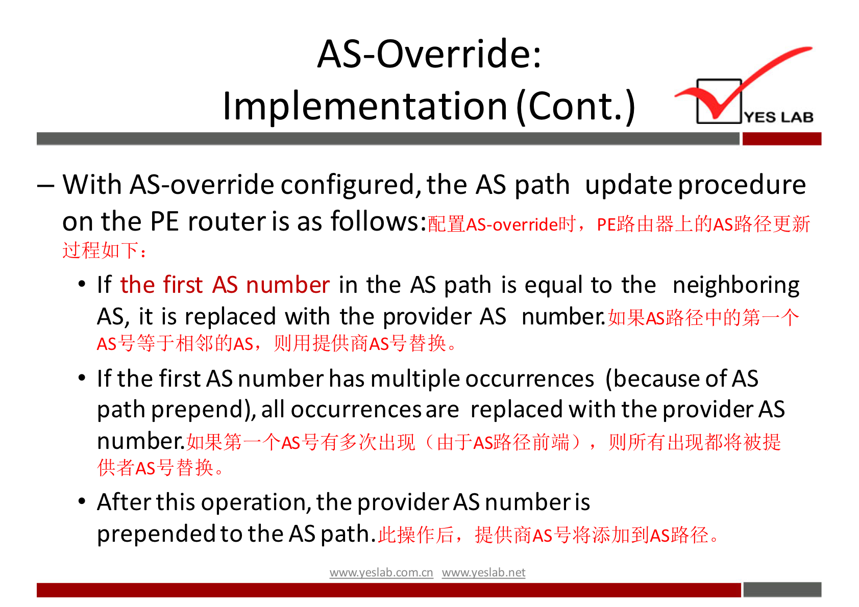 AS-Override: 
Implementation (Cont.) 
YES LAB 
— With AS-override configured, the AS path update procedure 
on the PE router is as 
• If the first AS number in the AS path is equal to the neighboring 
AS, it is replaced with the provider AS 
• If the first AS number has multiple occurrences (because of AS 
path prepend), all occurrences are replaced with the provider AS 
number. 
• After this operation, the provider AS number is 
prepended to the AS path. 
wwwveslab net 