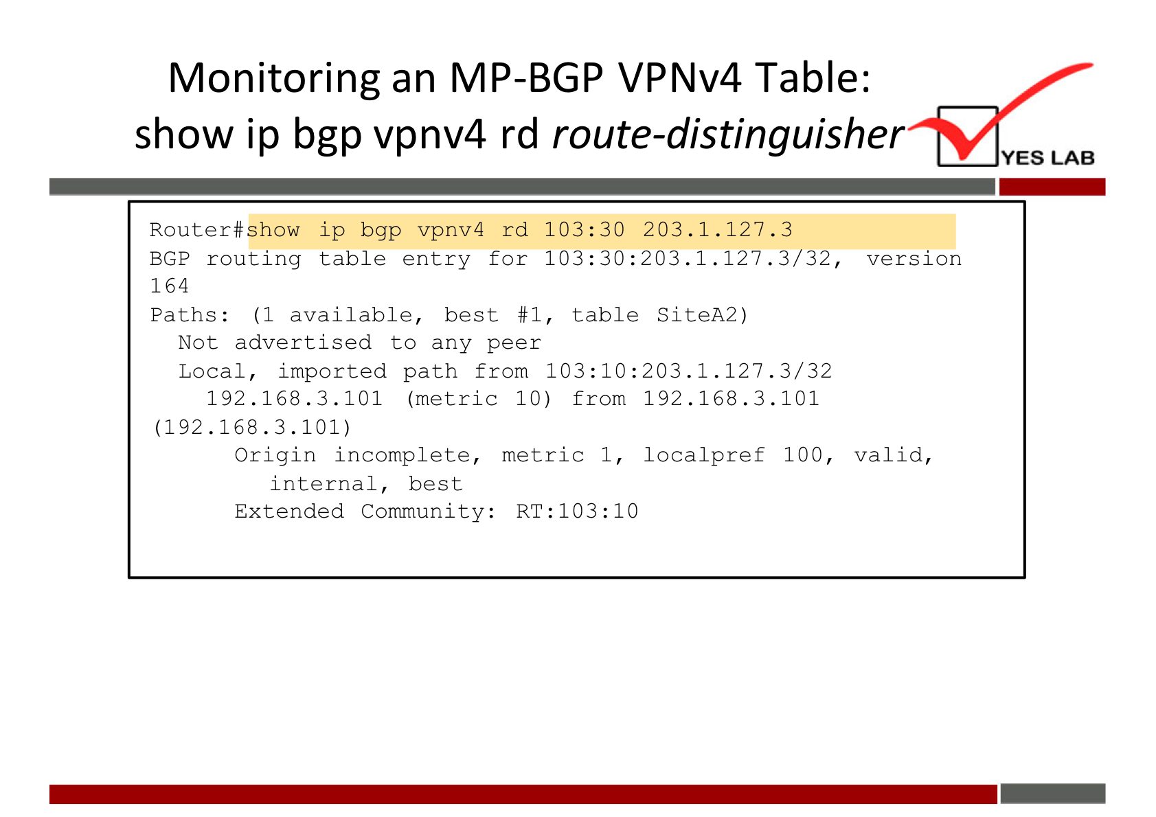 Monitoring an MP-BGP VPNv4 Table: 
show ip bgp vpnv4 rd route-distinguisher 
Router#show ip bgp vpnv4 rd 103: 30 203.1.127.3 
BGP routing table entry for 103: 30:203.1.127.3/32, 
164 
Paths : 
(1 available, best #1, table SiteA2) 
Not advert Ised to any peer 
Local, imported path from 
192.168. 3.101 (metric 10) from 192.168.3.101 
(192.168. 3.101) 
Origin incomplete, 
Internal , best 
Extended Community : 
metric 1, local pref 100, 
YES LAB 
vets 1 on 
valid, 