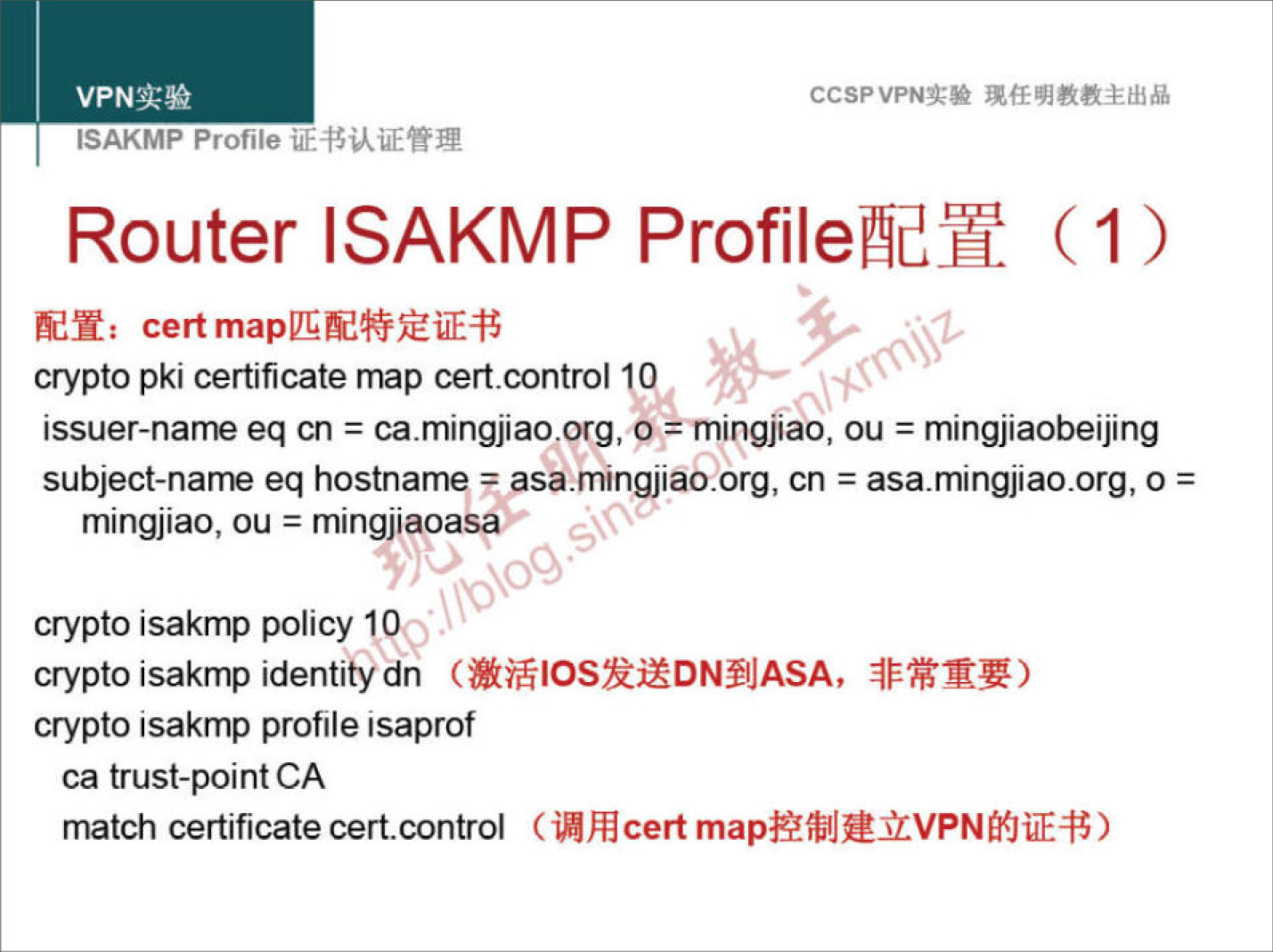 CCSPVPNN 
ISAKMP Profile 
Router ISAKMP Profileæm (1) 
EH: cert maplGE#miE4$ 
crypto pki certificate map cert-control O 
issuer-name eq cn = ca.mingjiao.org, ou = mingjiaobeijing 
subject-narne eq hostname asa.mingjiao.org, cn = asa.mingjiao.org, o = 
mingjiao, ou = mingjiaoasa> 
crypto isakmp policy 10. 
crypto isakmp identitydn 
crypto isakmp profile isaprof 
ca trust-point CA 
certificate cert.control 