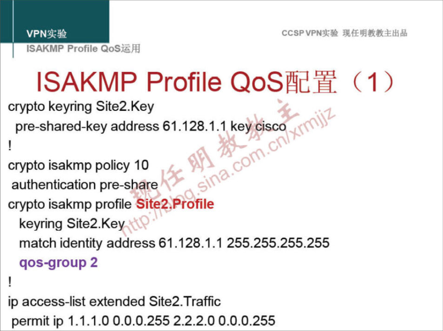 CCSPVPNN 
ISAKMP Profile QoSiZh4 
ISAKMP Profile (1) 
crypto keyring Site2.Key 
pre-shared-key address 61.128.1.1 key 
00 
crypto isakmp policy 10 
authentication pre-share 
crypto isakmp profile Site21ProfiIe 
keyring Site2.Kev 
match identity address 61.128.1.1 255.255.255.255 
qos-group 2 
ip access-list extended Site2.Traffic 
permit ip 1.1.1.0 0.0.0.255 2.2.2.0 0.0.0.255 