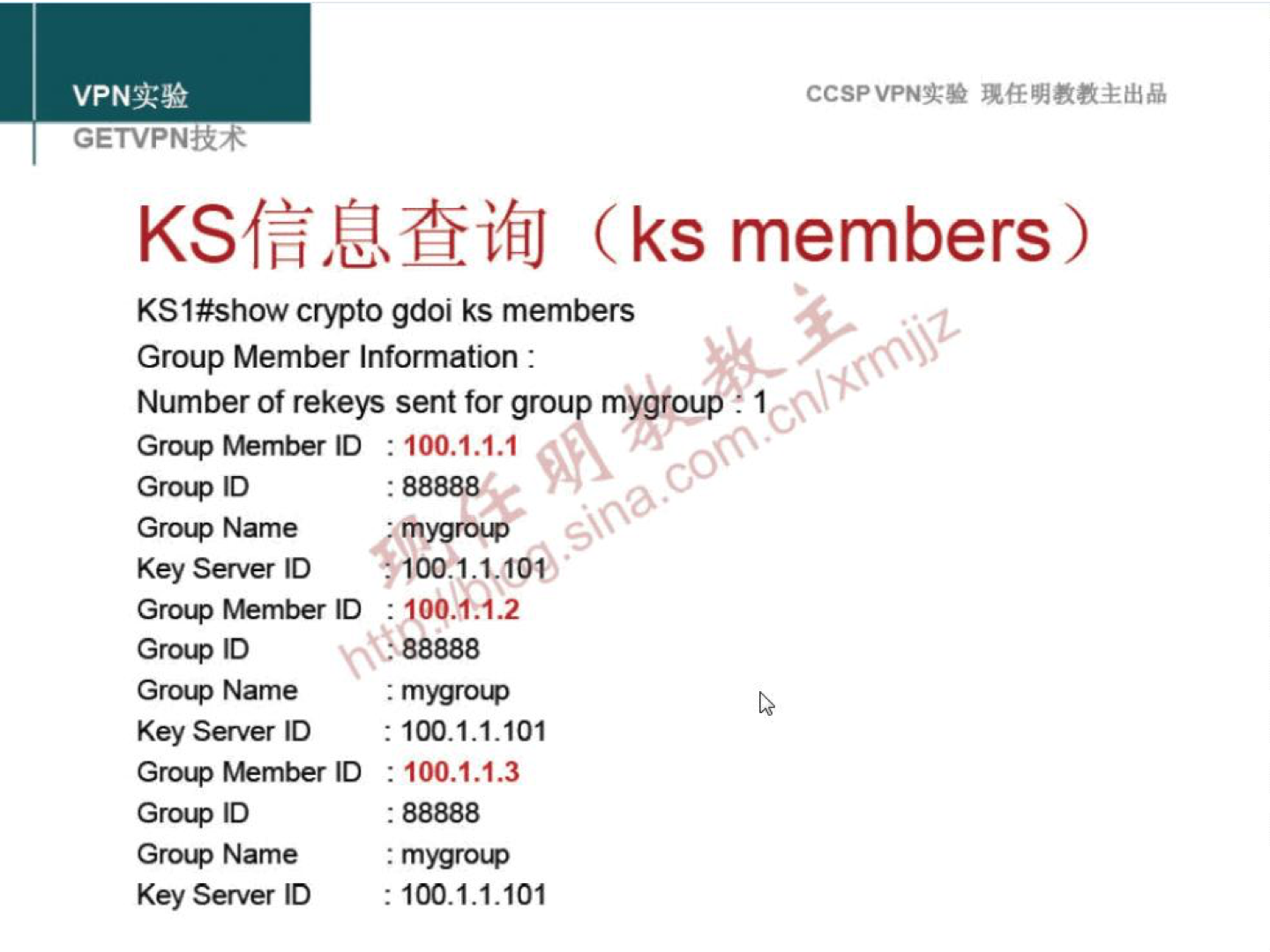 VPNN GETVPN-ti4 CCSPVPN" LISTifiJ (ks members) KS I#show crypto gdoi ks members Group Member Information : Number of rekeys sent tor group mygroup . I Grocp N•lember ID Group ID Group Name Key Server ID Group Elember ID Group ID GrolQ Name Key Server ID Group Elember ID GroLQ ID Gr014) Name Key Server ID : 100.1.1.1 : 100.%.2 100.1.1.101 : 100.1.1.3 . 100.1.1.101 