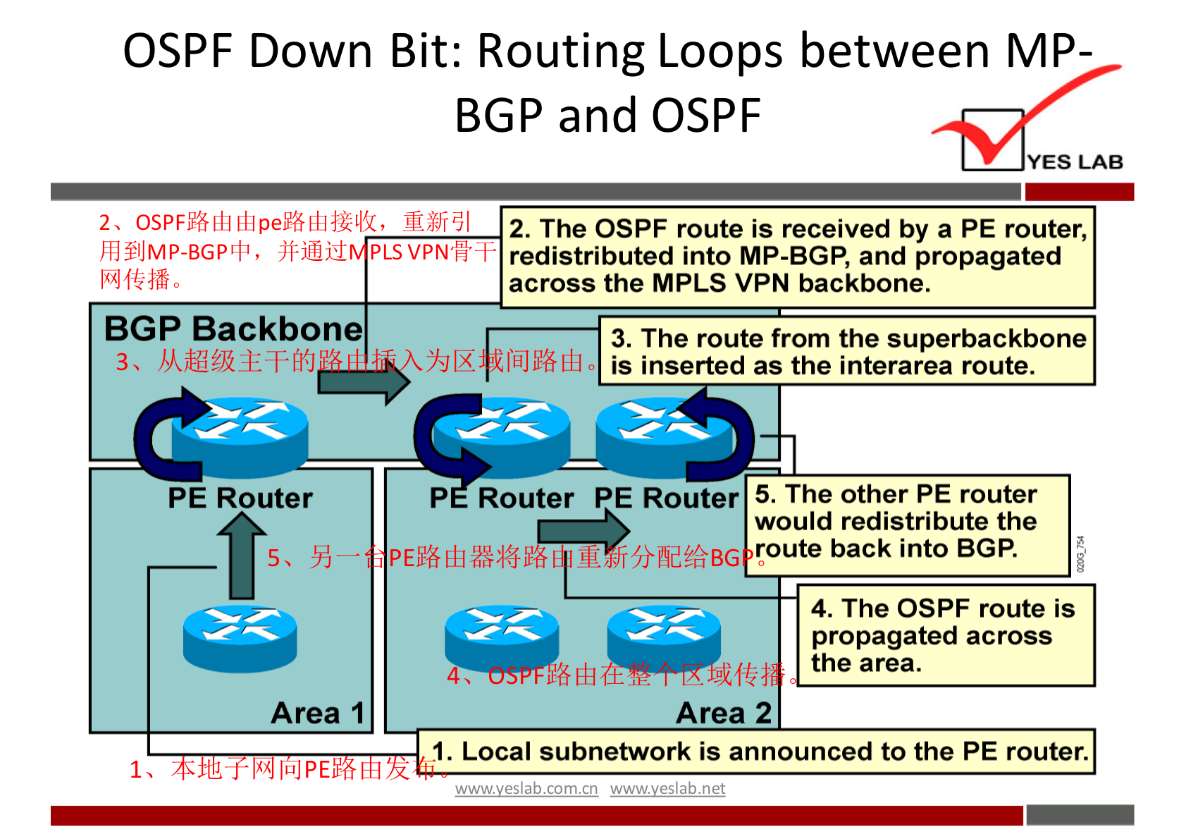 OSPF Down Bit: Routing Loops between MP- 
BGP and OSPF 
YES LAB 
2. The OSPF route is received by a PE router, 
h#lJMP-BGPtfr, jf-iMid PLSVPNhT- 
redistributed into MP-BGP, and propagated 
BGP Backbone 
PE Router 
Area I 
across the MPLS VPN backbone. 
3. The route from the superbackbone 
is inserted as the interarea route. 
P Router PE Router 5. The Other PE router 
would redistribute the 
route back into BGP. 
4. The OSPF route is 
propagated across 
the area. 
Area 2 
1. Local subnetwork is announced to the PE router. 