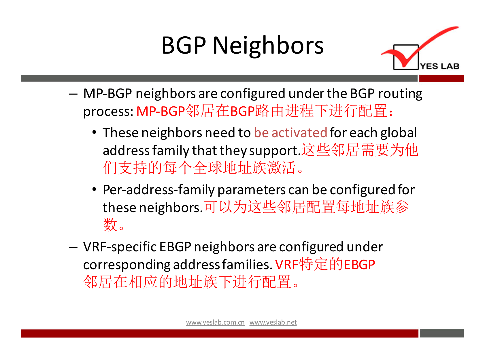 BGP Neighbors 
YES LAB 
— MP-BGP neighbors are configured under the BGP routing 
process: 
• These neighbors need to be activated for each global 
address family that they support. 
• Per-address-family parameters can be configured for 
these neighbors. 
— VRF-specific EBGP neighbors are configured under 
corresponding address families. 
wwwveslabnet 