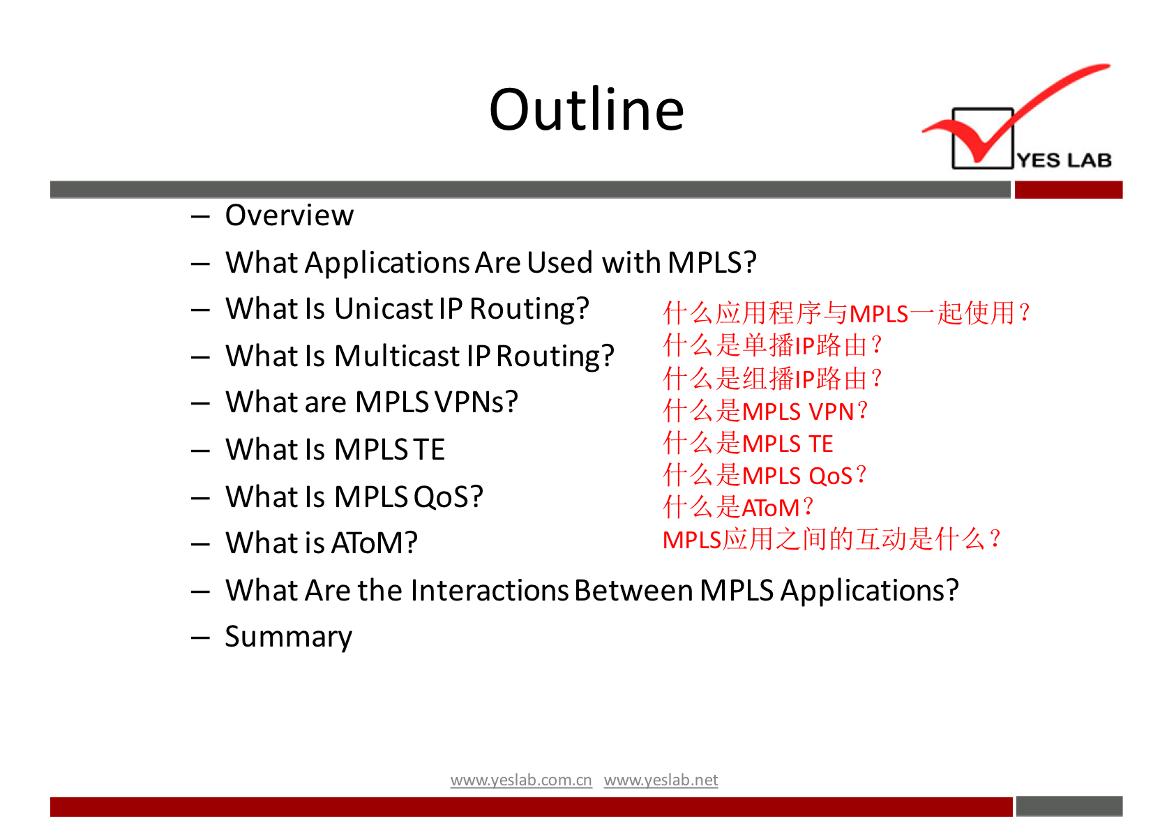 Outline — Overview — What ApplicationsAre Used with MPLS? — What Is UnicastIP Routing? ffL1$ihIEhF5MPLS — What Is Multicast IP Routing? YES LAB - What are MPLSVPNs? - What Is MPLSTE - What Is MPLSQoS? - WhatisAToM? ffLZMPLS VPN? ff-a,ZMPLS TE ffLZMPLS QOS? ffLZAToM? — What Are the Interactions Between MPLS Applications? — Summary wwwveslabnet 