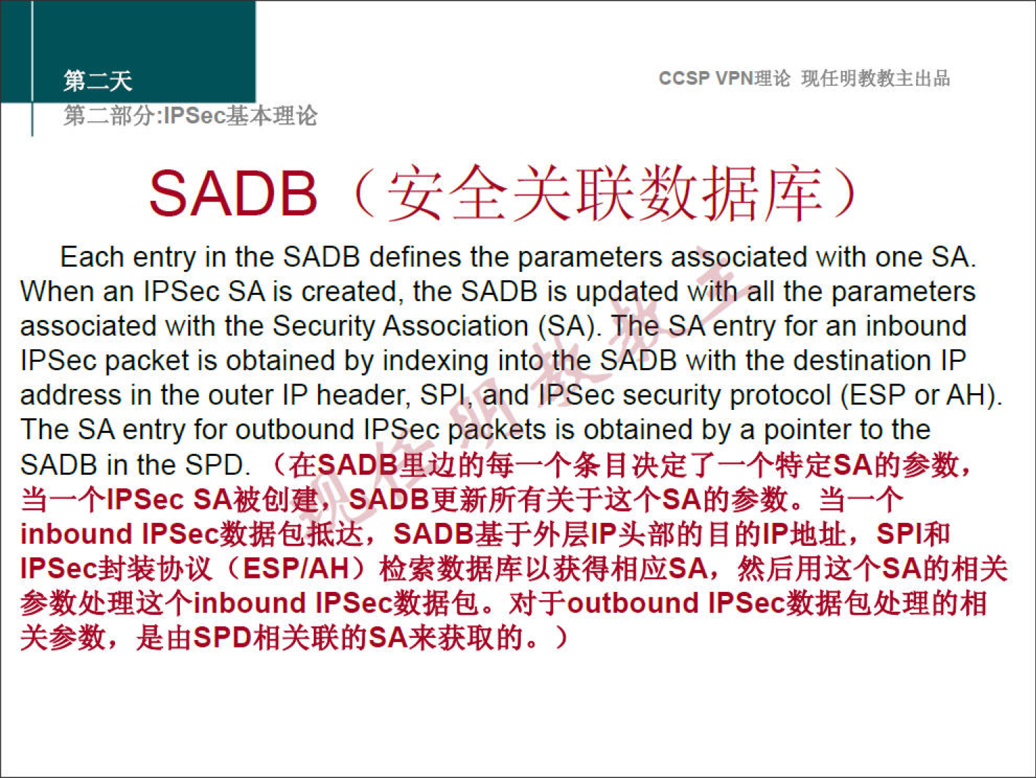 ccsp VPNN 
SADB 
Each entry in the SADB defines the parameters associated with one SA 
When an IPSec SA is created, the SADB is updated withall the parameters 
associated with the Security Association (SA). The SA entry for an inbound 
IPSec packet is obtained by indexing into the SADB with the destination IP 
address in the outer IP header, SPI, and IPSec security protocol (ESP or AH). 
The SA entry for outbound IPSec packets is obtained by a pointer to the 
SADB in the SPD. 
9+1PSec SAeJa, 
inbound SADB*-YhÆlPRßfiäfilPÅÅÅE, 
IPSecå*biX (ESPIAH) 
*if-Youtbound 