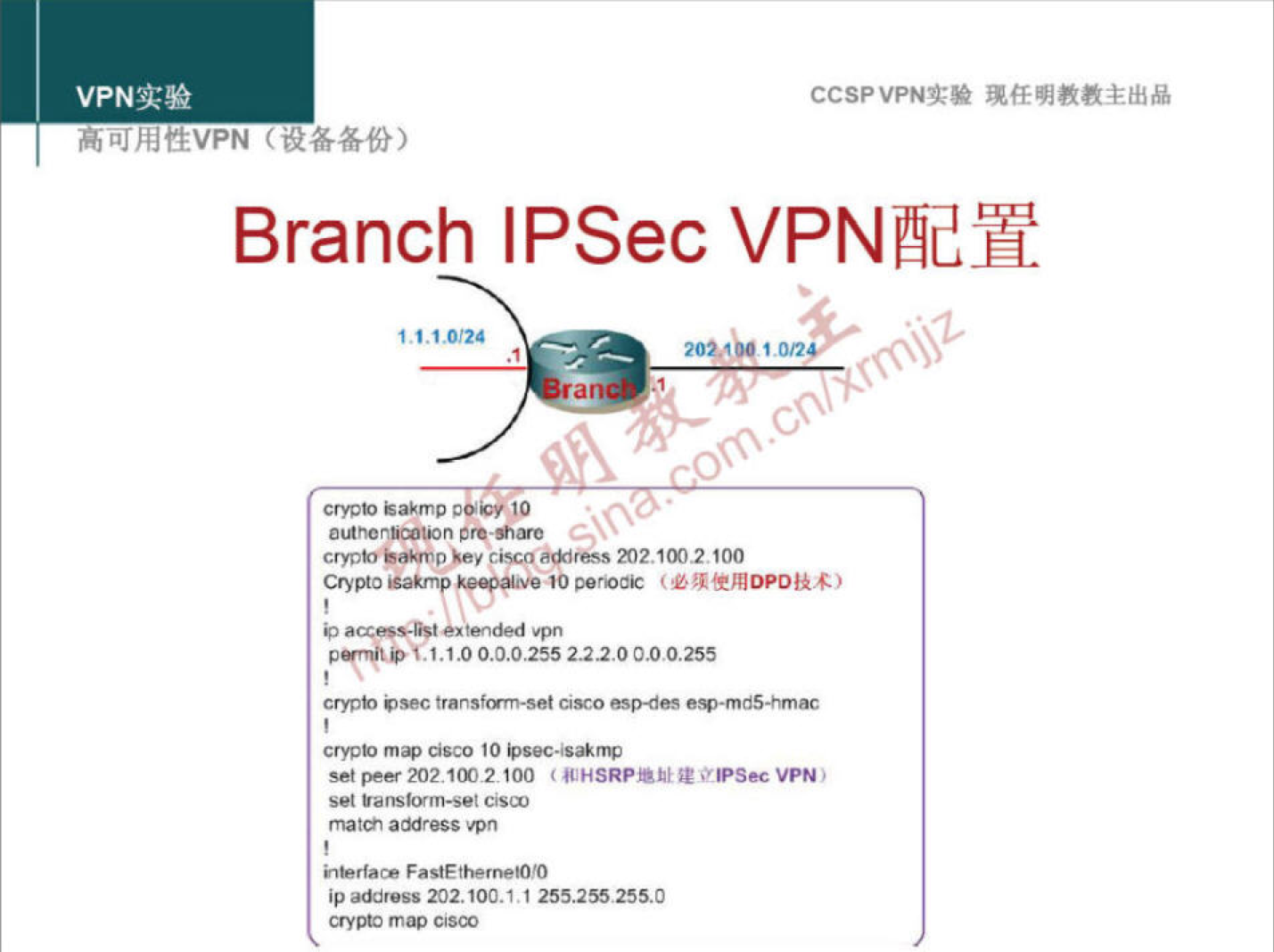 VPNN 
CCSPVPNT* 
Branch IPSec VPNæy 
1 on 
o 
Crypb "km p 
10 
're-*varc 
cryot' p cisco •tress m2.IM.2 100 
Crygo Camp keeve •O ( 
'€1.1.00.102552.22.0000.255 
cry•pb •sec transf«m-set Cisco æp-des ewmd5-hmac 
cryob Cisco I O Vsec-is*rrv 
set peer202'(n2AoO ( WHSRPiURstPSecVPN) 
set Yensmn-set Cism 
FastEthernetO,'O 
ip address 202, 255.2%2550 