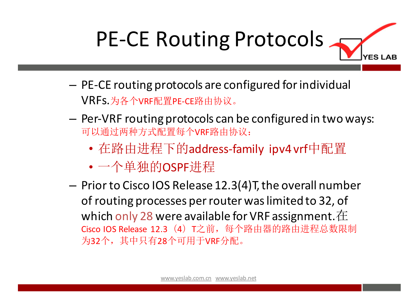 PE-CE Routing Protocols 
YES LAB 
— PE-CE routing protocols are configured for individual 
VRFs. 
— Per-VRF routing protocols can be configured in two ways: 
ipv4vrf+fldH 
— Prior to Cisco IOS Release 12.3(4)T, the overall number 
of routing processes per router was limited to 32, of 
which only 28 were available for VRF assignment. 
Cisco IOS Release 12.3 (4) T2iifJ, 
"324, JV+Rfi28+üJÆ+VRFfrfido 
wwwveslabnet 