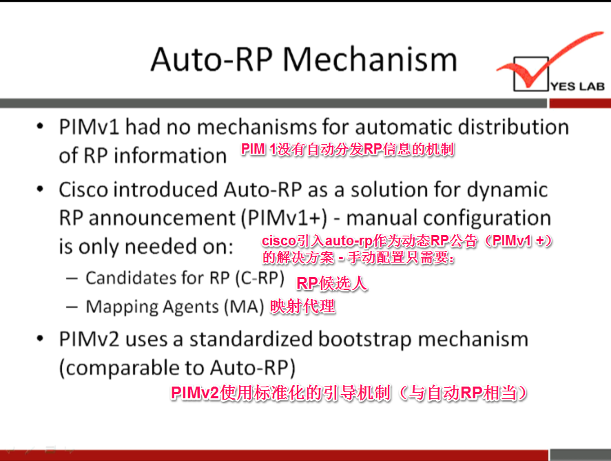 Auto-RP Mechanism 
YES LAB 
PIMv1 had no mechanisms for automatic distribution 
of RP information 
Cisco introduced Auto-RP as a solution for dynamic 
RP announcement (PIMv1+) - manual configuration 
qpmy,ll 
is only needed on: 
- Candidates for RP (C-RP) 
— Mapping Agents (MA) 
PIMv2 uses a standardized bootstrap mechanism 
(comparable to Auto-RP) 