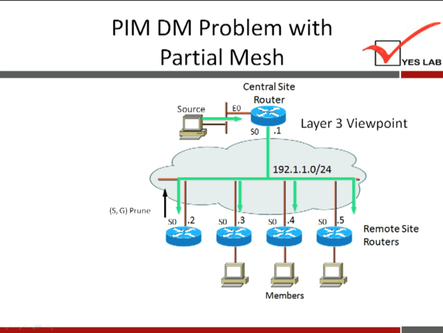 PIM DM Problem with 
Partial Mesh 
Central Site 
Router 
Source 
YES LAB 
so .1 
Layer 3 Viewpoint 
192.1.1.0/24 
(S, G) prune 
.2 
.3 
so 
.4 
.5 
Remote Site 
Routers 
Members 