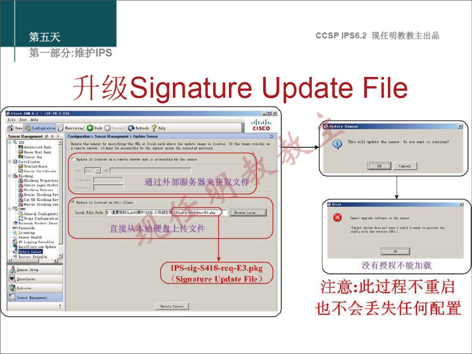 第 五 天 第 一 部 分 ： 维 护 《 PS CCSPlPS6.2 现 任 明 教 教 主 出 品 升 级 Signature Update File （ 巧 （ 0 。 0 “ 《 1 以 艹 通 过 外 部 服 务 器 来 获 取 文 件 ． 直 接 从 体 地 硬 上 传 文 件 IPS ． 、 ig ． s41 & r “ 《 3 甲 g ()' natureU File) 二 壅 」 一 巴 」 0 没 有 授 权 不 能 加 载 注 意 ： 此 过 程 不 重 启 也 不 会 丢 失 任 何 配 置 