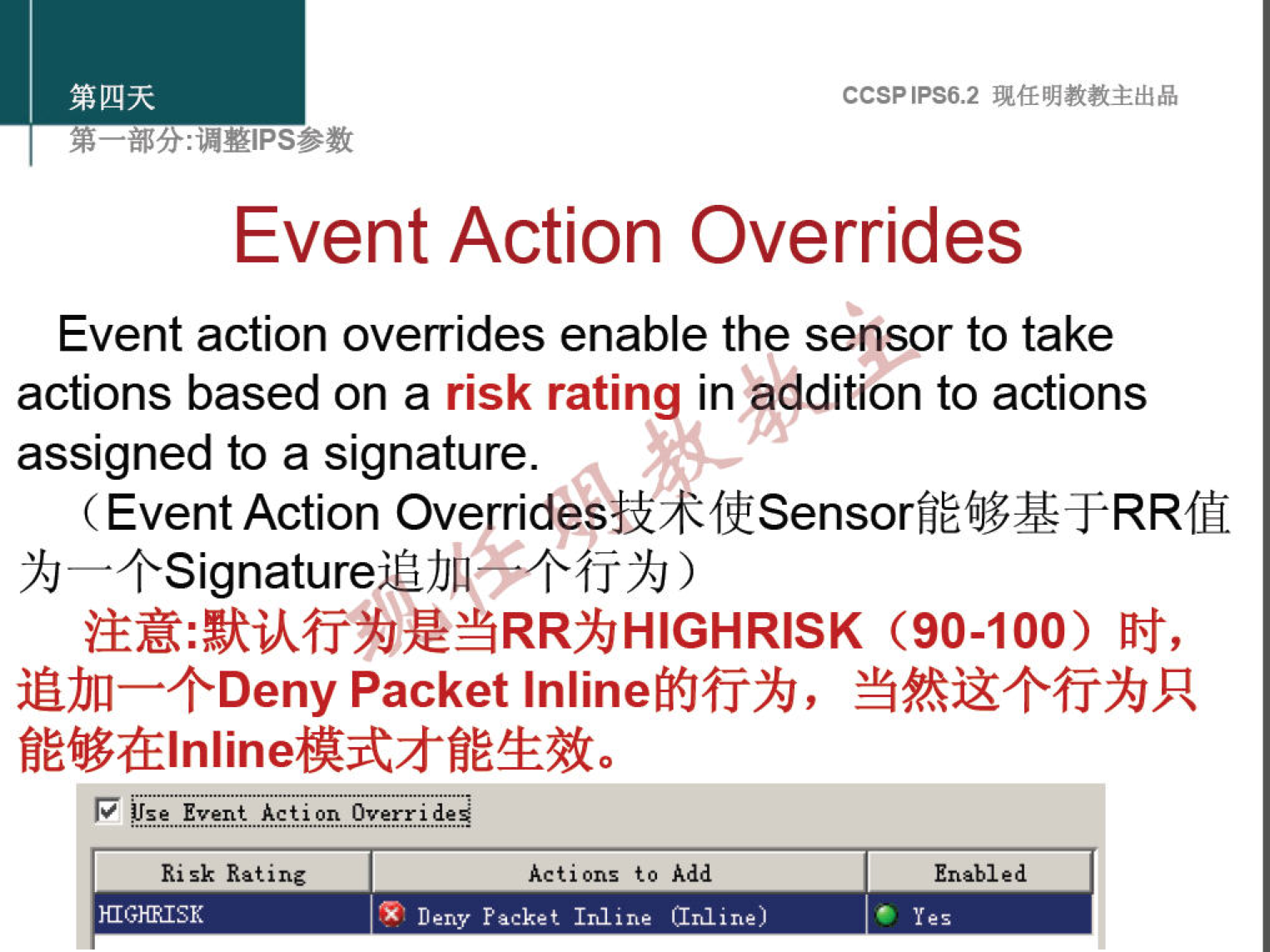 CCSPlPS6.2 
Event Action Overrides 
Event action overrides enable the sensor to take 
actions based on a risk rating in addition to actions 
assigned to a signature. 
( Event Action Overrides 
(90-100) Ff, 
i.Åjn—+Deny Packet Inlinefitih, 
Risk Rating 
HIGHRISK 
Actions to Add 
Deny Facket Inline (Inline) 
Enabled 