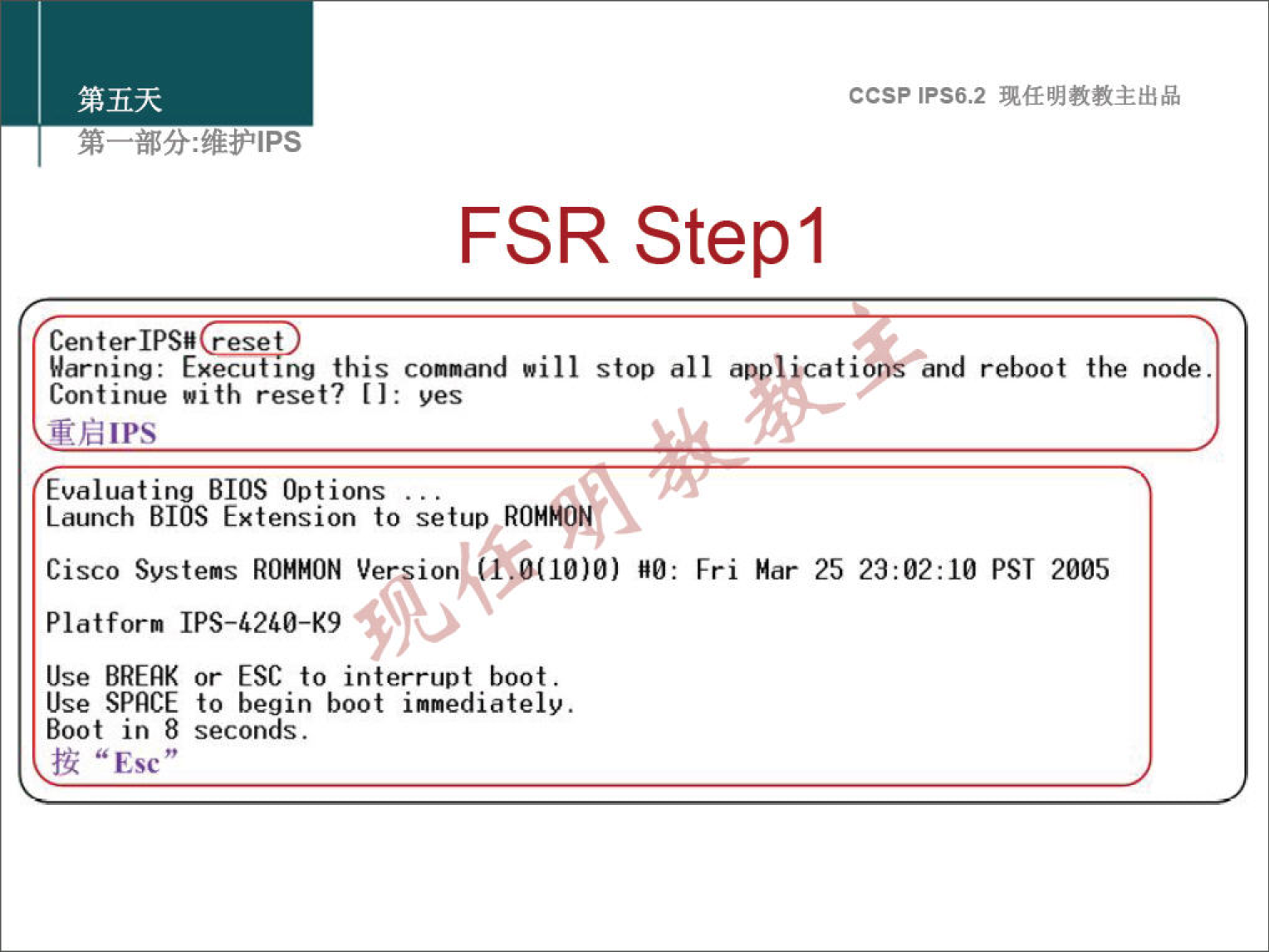 ccsp IPS6.2 FSR Stepl Cent er IPSN pos—and reboot the node. Warning: Executing this command will stop all appl• ti Continue with reset? [l: yes Evaluat ing BIOS Options . Launch BIOS Extension to setup ROM Cisco Systems ROMHON Ver ion HO: Platform IPS-&2GO-K9 Use BREAK or ESC to interrupt boot. Use SPACE to begin boot immediately. Boot in 8 seconds. "Esc" Fri Mar 25 PST 2005 