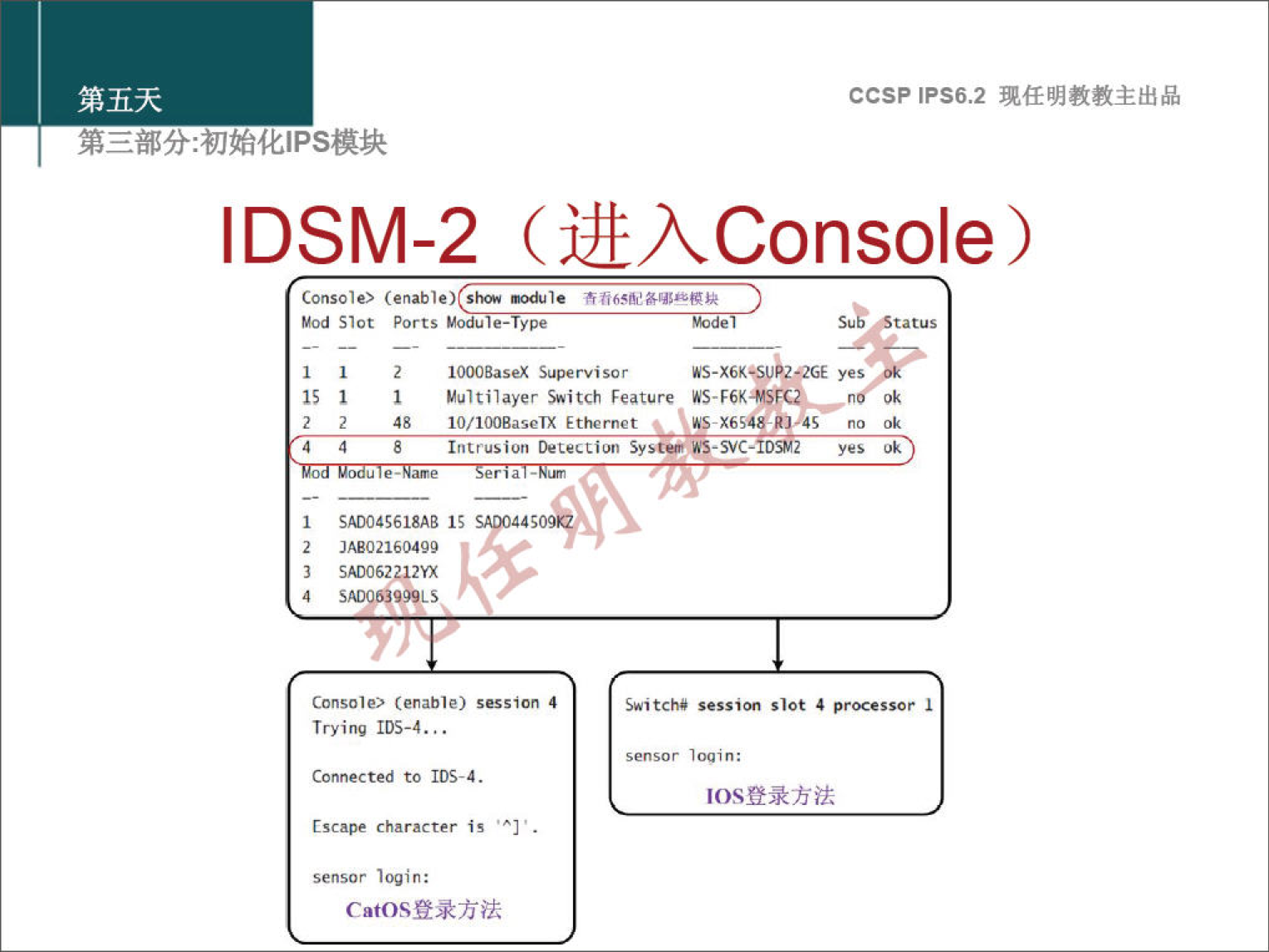 ccsp IPS6.2 (üAConsole) DSM-2 15 1 Console) (enable) she* maule Mod Slot ports le-Type Su tatus Switch Feature 10/1 OOgaseIX t e KS-x6;48-RE4S no Intrusion sy WS-SVC- O SAD04S618AB 1; JAE02W0499 SAD062U2YX SAD063999LS (enable) Session 4 Try Connected to IDS-4. Escape is • Sensor login : cat0Sff*Üii Swi session 4 processor I sensor loqin; IOSff*friZ 