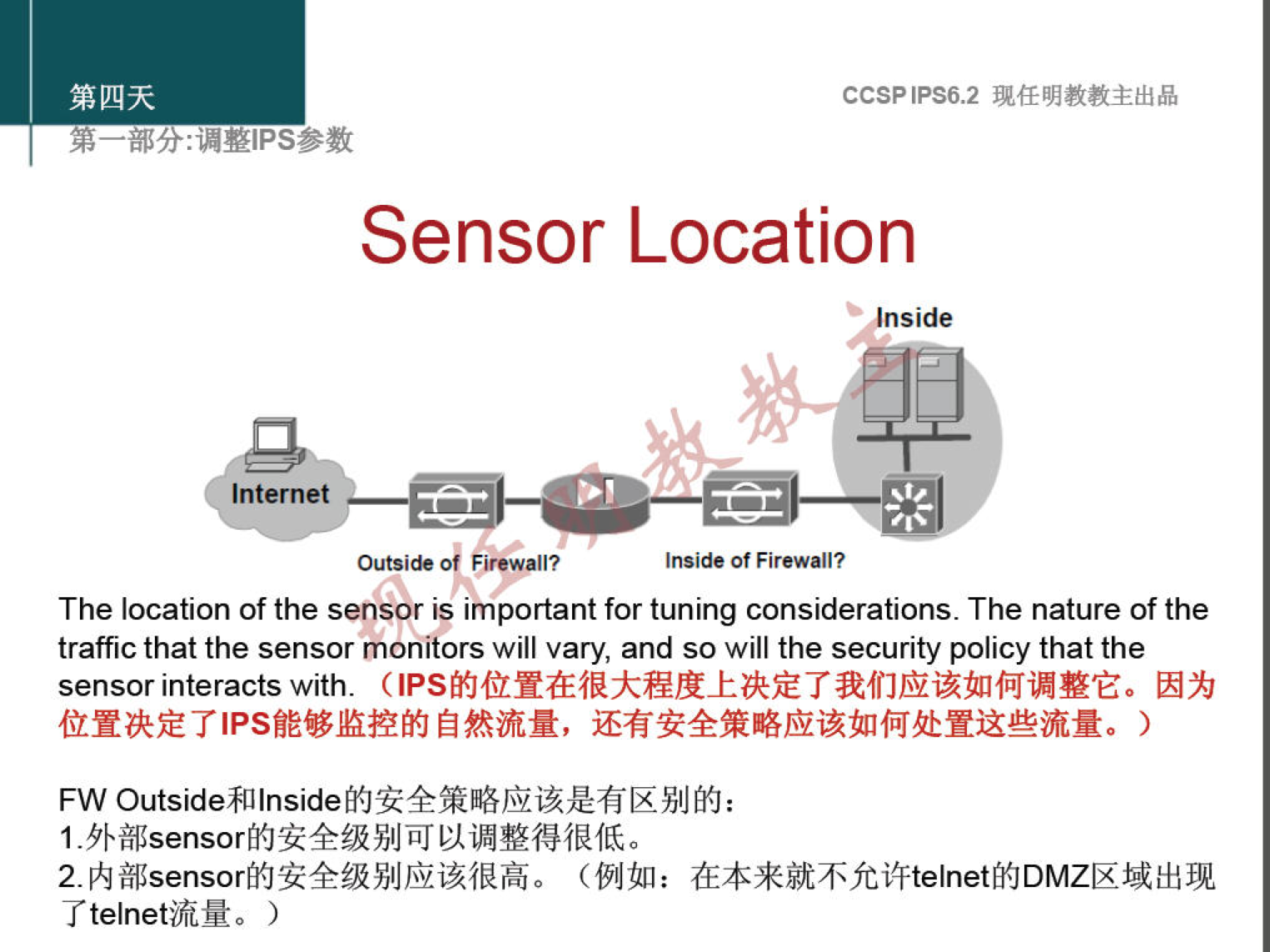 第 四 天 
第 一 部 分 ： 漏 整 甲 S 参 数 
CCSP 《 PS6 ， 2 现 任 明 教 教 主 出 品 
Sensor Location 
Internet 
Ou 愧 i 阝@鄄呻？ 
Inside of Firewall? 
The location Of the sensor is i/nportant for tuning considerations. The nature Of the 
traffic that the sensor monitors will vary, and SO will the security policy that the 
sensorinteractswith. (IPS 的 位 置 在 很 大 程 度 上 决 定 了 我 们 应 该 如 何 调 整 它 。 因 为 
位 置 决 定 了 IPS 能 够 监 控 的 自 然 流 量 ， 还 有 安 全 策 略 应 该 如 何 处 置 这 些 流 量 。 ） 
FW Outs 《 de 和 丨 n 引 de 的 安 全 策 略 应 该 是 有 区 别 的 ： 
1 ． 外 部 sens 。 r 的 安 全 级 别 可 以 调 整 得 很 低 。 
2 ． 内 部 sens 。 r 的 安 全 级 别 应 该 很 高 。 （ 例 如 ： 在 本 来 就 不 允 许 te 《 net 的 DMZ 区 域 出 现 
了 telnet 流 量 。 ） 